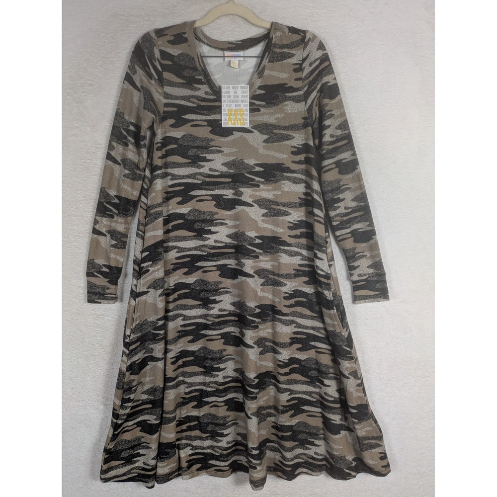 NEW LuLaRoe Emily Dress Women's XXS Brown Camo V-Neck Long Sleeve